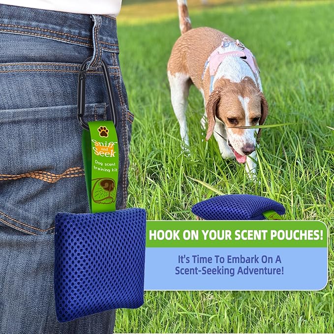 Dog Scent Training Kit – Fun Nosework Brain Games for Dogs – Encourage Calmness, Build Bond, All Ages & Breeds – 6 Scent Pouches with Fennel & Rosemary, Snap Hooks & Step-by-Step Training Guide