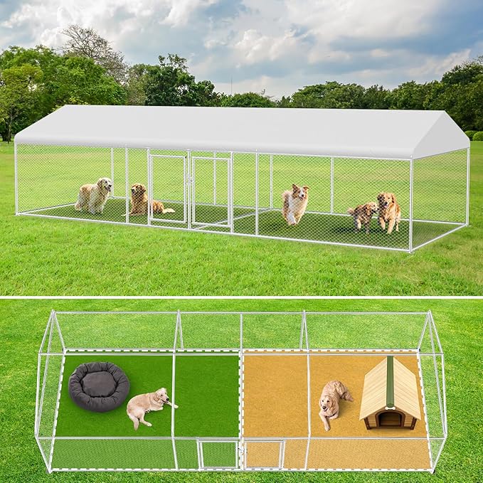 Rovibek 7.5 ×19.7 FT Outdoor Dog Kennel with Roof, Two Rooms Dog Kennel Outside with Waterproof Sunproof Cover, Galvanized Heavy Duty Dog Kennel and Enclosure for Outside with Secure Lock