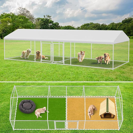 Rovibek 7.5 ×19.7 FT Outdoor Dog Kennel with Roof, Two Rooms Dog Kennel Outside with Waterproof Sunproof Cover, Galvanized Heavy Duty Dog Kennel and Enclosure for Outside with Secure Lock