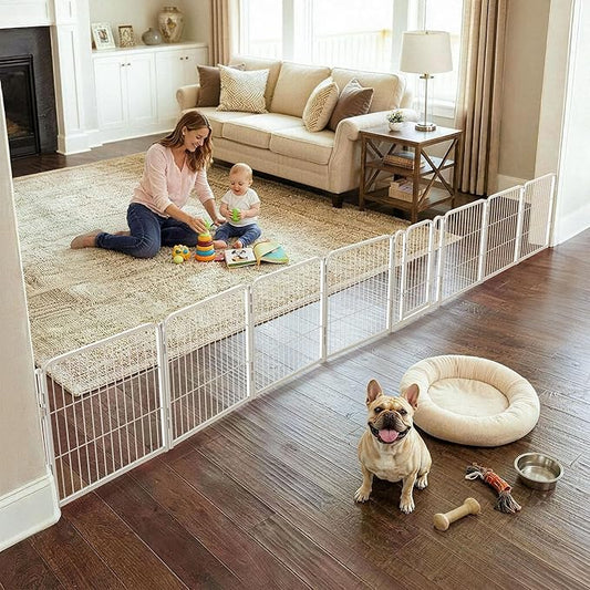 FXW Dog Gate Extra Wide Designed for Indoor Use, Adjustable Width Up to 183-inch Wide (24" H 8 Wire Panels for Puppies and Small Dogs), White