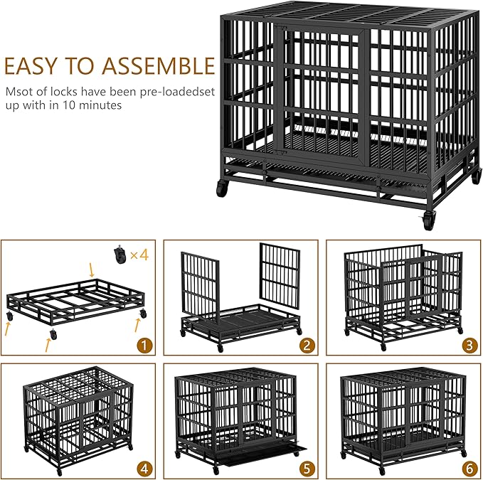 JY QAQA 48/38 Inch Heavy Duty Indestructible Dog Crate Double Doors Escape Proof Cage Kennel,Enhanced Metal Pet Cage,Extra Large XL XXL Crate Indoor for Large Dog with Removable Tray,Lockable Wheels