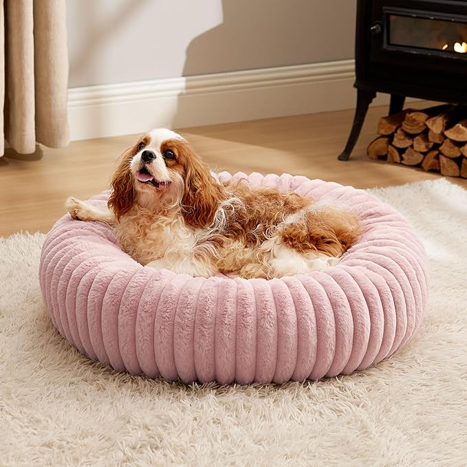 Bedsure ComfyFleece™ Donut Medium Dog Bed - Washable Faux Fur with Corduroy Fleece & Anti Slip Bottom, Round Pet Bed with Removable Cover, Blush Pink, 30x30x8 inches