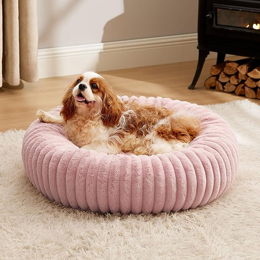 Bedsure ComfyFleece™ Donut Medium Dog Bed - Washable Faux Fur with Corduroy Fleece & Anti Slip Bottom, Round Pet Bed with Removable Cover, Blush Pink, 30x30x8 inches