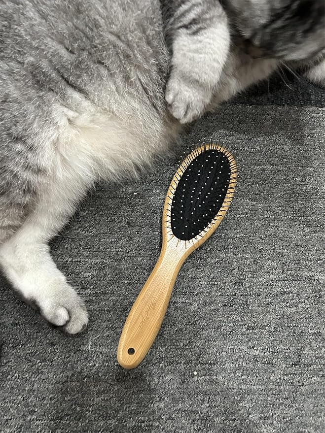 Pet Dog Brush Natural Bamboo Fiber Eco-Friendly Pet Grooming Dog and Cat Double-Sided Needle and Bristle Pet Deshedding Brush, brown