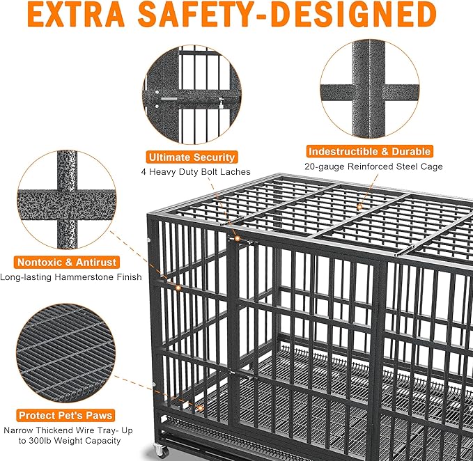 48 Inch Heavy Duty Dog Crate for Large Dogs, Indestructible Escape Proof Steel Kennel with Wheels for High Anxiety Dogs, Sturdy Locks Double Door and Removable Tray, Extra Large XL XXL