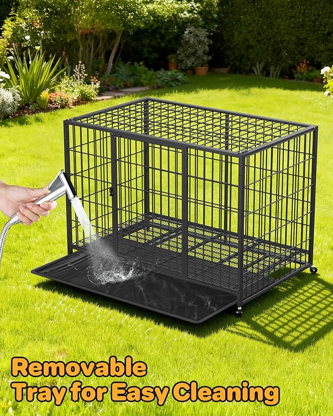 48 Inch Large Dog Crate, Escape Proof Dog Cage with Dual Door Lock and Swivel Casters,Removable Tray for Easy Cleaning, Dog Kennel Indoor Outdoor Use