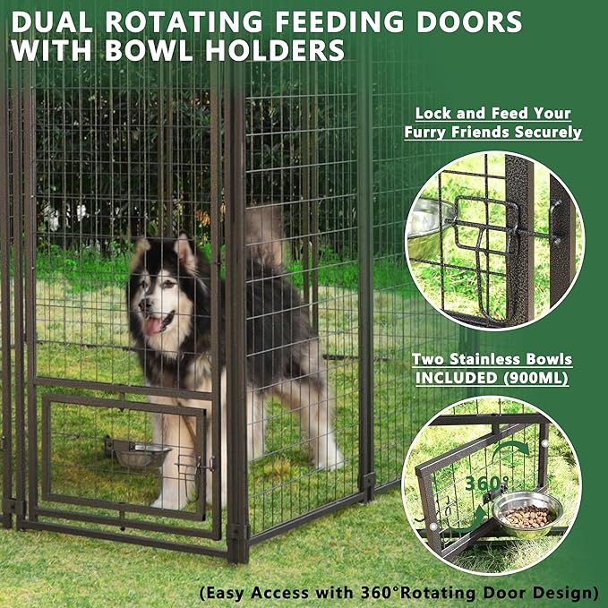 MUPATER Dog Kennel Outdoor 10' x 10', Large Dog House with Roof and Lockable Door, Heavy Duty Dog Enclosure with Rotating Feeding Door for Backyard