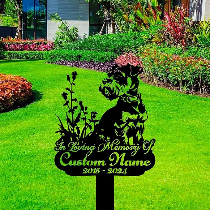 Custom Miniature Schnauzer Memorial Grave Marker Metal Sign, Personalized Dog Memorial Garden Stake, Dog Burial Markers with Name Engraved, Pet Headstones for Dogs, Cemetery Decoration