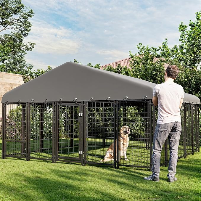 120"x119" Dog Kennel Outside, Large Outdoor Dog Kennel with Feeding Door and Double Lock, Heavy-Duty Weatherproof Dog Cage and Dog Fence with Roof, Outdoor House Playpen for Large Dogs, Easy Assembly