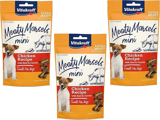 Vitakraft 3 Pack of Chicken Mini Meaty Morsels Dog Treats, 1.69 Ounces Each, with Beef and Carrots