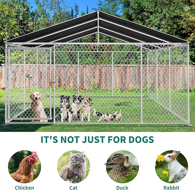YITAHOME 14.8'x14.8' Large Outdoor Dog Kennel with Metal Dog Gate, Dog Pens Outside with Roof, Dog Fence Outdoor for Yard