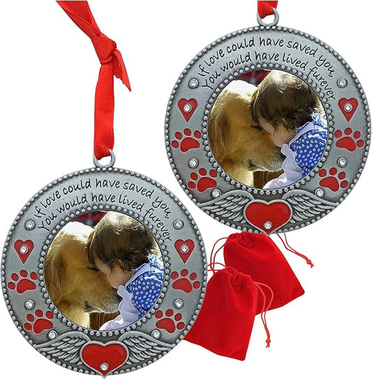 Pet Memorial Ornament - Dog or Cat - Set of 2 - Enameled & Jeweled with Red Hearts, Angel Wings & Paw Prints - Gift/Storage Bag Included