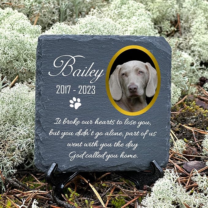 Personalized Individual Square Memorial Plaque + Stand for Pet Cat Dog Slate Stone Frame Paw Grave Marker - Size 3.94" x 3.94" or 100 x 100 mm - Photo
