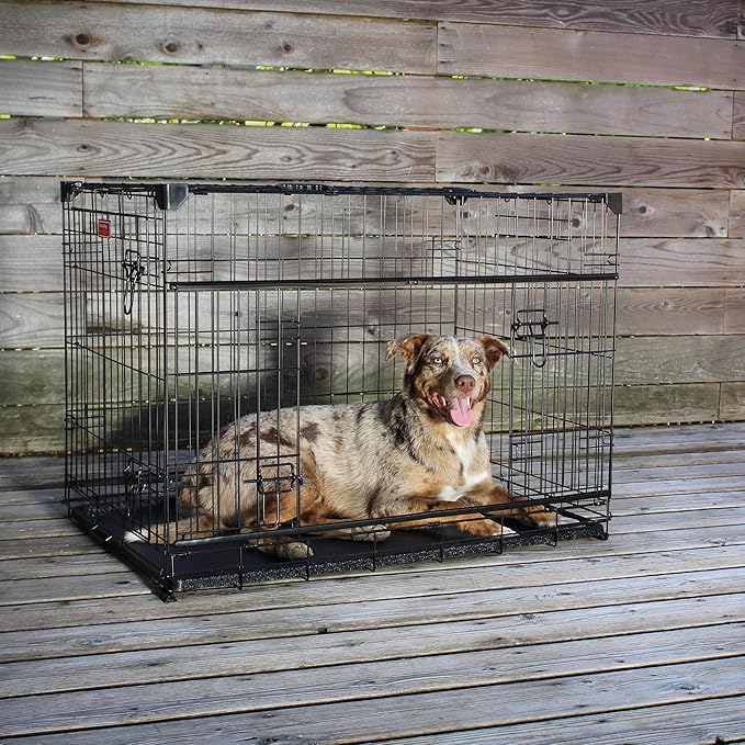 Lucky Dog Dwell Series 36 Inch Medium/Large Lightweight Kennel Secure Fenced Pet Dog Crate w/Divider Panels, Sliding Doors, and Removable Tray, Black
