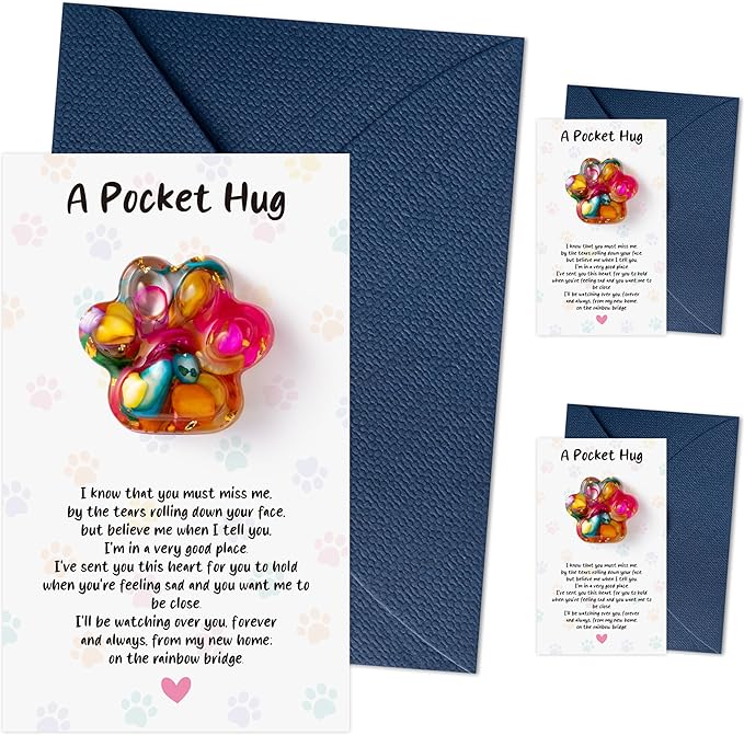 Loss of Pet Sympathy Gift - 3 Pack Colorful Mini Paw Pocket Hug with Memorial Card Envelope Remembrance Bereavement Gift Loss of Dog Cat Sympathy Favor Kid Adult Pet Lover Stress Relief Toy