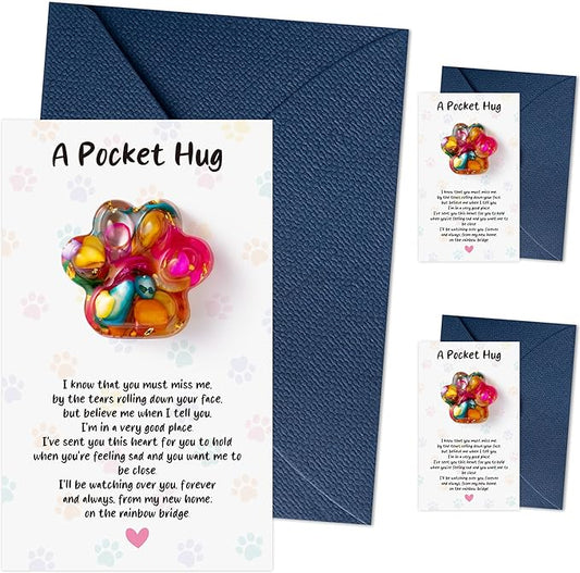 Loss of Pet Sympathy Gift - 3 Pack Colorful Mini Paw Pocket Hug with Memorial Card Envelope Remembrance Bereavement Gift Loss of Dog Cat Sympathy Favor Kid Adult Pet Lover Stress Relief Toy