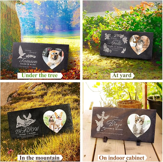 Fanery Sue Custom Cat Memorial Stones with Full Color Image, Dog Memorial Gift Garden Stones, Pet Grave Markers Personalized, All-Natural Memorial Headstone for Pet