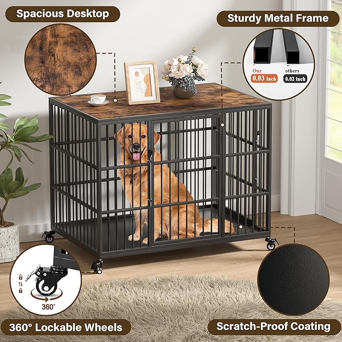 VERIFURTY 42 Inch Heavy Duty Dog Crate Furniture with Self-Locking Latch for Medium and Large Dogs, Escape-Proof Dog Kennel Furniture Indoor, Decorative Pet Cage End Table, Rustic Brown