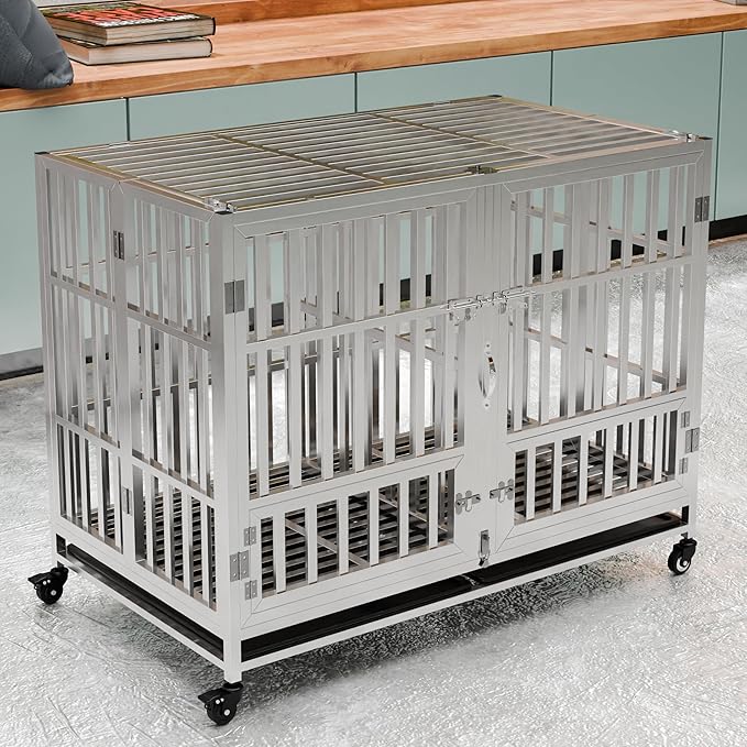 37" 42" 48" Heavy Duty Dog cage Stainless Steel Metal Kennel and Crate, Collapsible for Medium to Large Dogs, Easy to Assemble pet Pen with Four Lockable Wheels, Black Tray (sm-48in)