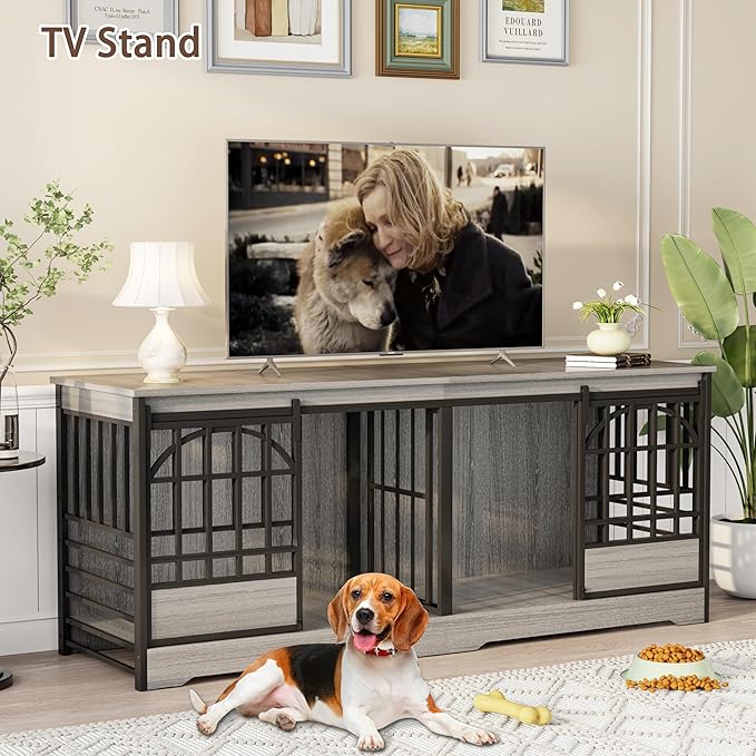COZPAW 78 Inch Double Dog Crate Furniture, Extra Large Dog Kennel Indoor for 2 Dogs, Heavy Duty Dog Cage with Divider, Wooden Dog House Decorative Table TV Stand for XLarge Dogs (Grey)