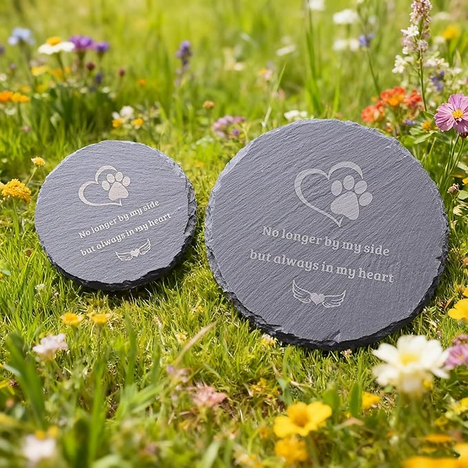 Pet Loss Sympathy Gift – 6 Inch Round Pet Memorial Stone with Paw Print, “No Longer By My Side But Always in My Heart” Engraved Grave Marker, Indoor or Garden Remembrance Decor