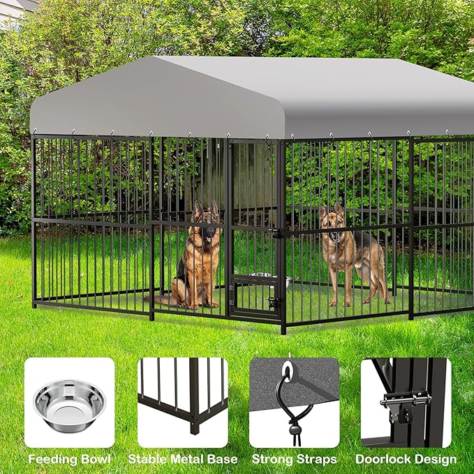 10x10x6 FT Outdoor Dog Kennel with Roof, Heavy-Duty Large Dog Cage with Lock, Waterproof Cover & Bowls, Pet Enclosure for Medium & Large Dogs