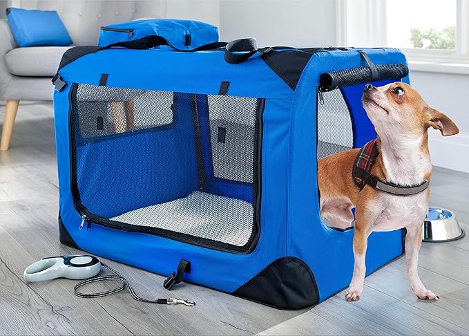 MOOL Extra-Large Pet Carrier Crate with Reversible Fleece Mat, Blue