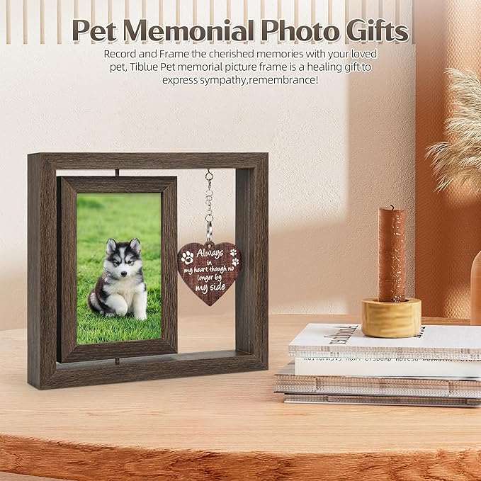Dog Memorial Gifts – Rainbow Bridge Pet Loss Picture Frame with Rotating Double-Sided 4x6 Display, Wooden Pet Memorial Frame with Hanging Heart Charm, Sympathy Gift for Loss of Dog or Cat
