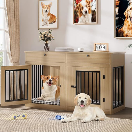 DWVO 60 Inch Double Dog Crate Furniture for 2 Dogs, Heavy Duty Wooden Dog Crate TV Stand with Removable Divider & Storage Drawers, Dogs Kennel Indoor Furniture Double Sliding Barn Door, Light Beige