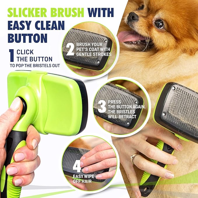 Rexipets Self-Cleaning Slicker Brush - One-Click Cleaning Function - Gentle & Effective Pet Hair Remover - Dog Grooming Accessories for Small, Medium & Large Dogs and Cats