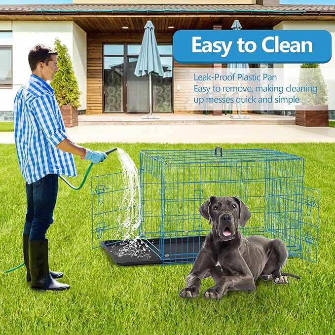 Genoro 48" Foldable Dog Kennel - Double Door Crate w/Leak-Proof Tray & Divider, Portable & Collapsible Metal Dog Cage for Large Indoor Dogs