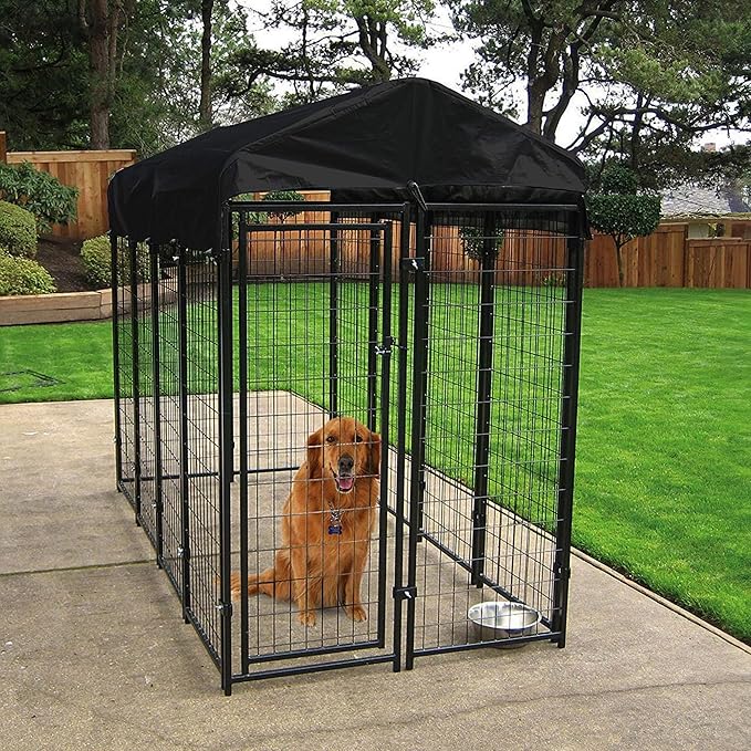 Lucky Dog 8' x 4' x 6' Large Outdoor Steel Frame Kennel and Playpen Enclosure with Black Canopy, Uptown Series - Heavy-Duty Pet Shed for Home and Yard - Protection from Sun, Snow, and Rain