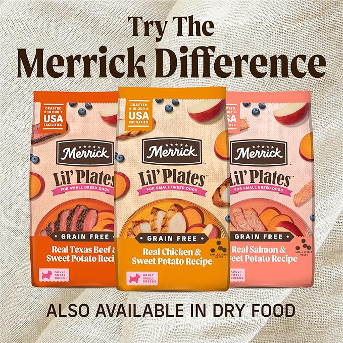 Merrick Lil’ Plates Grain-Free Wet Dog Food for Small Dogs Teeny Texas Steak Tips Recipe with Real Beef, 3.5 oz. Tub