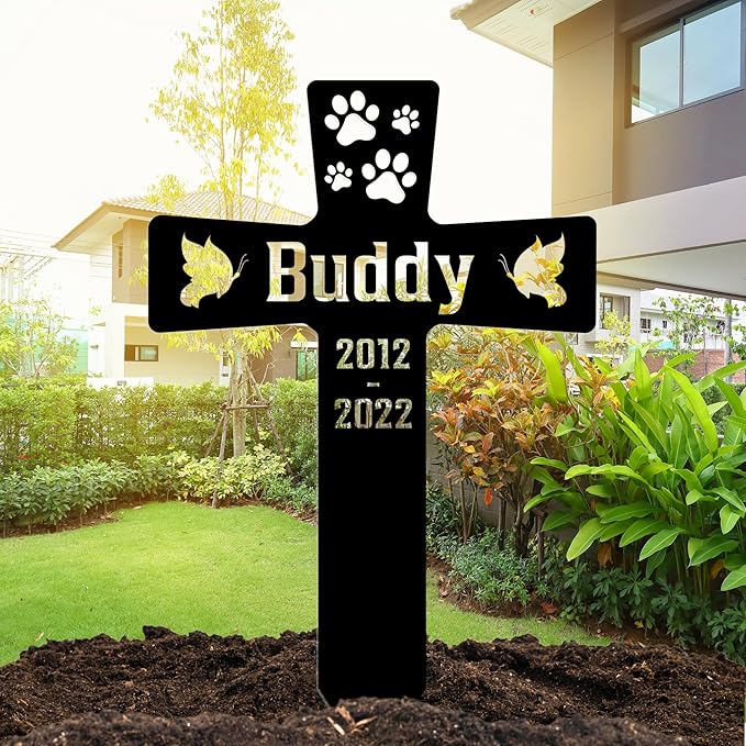 Custom Pet Paws Dog Memorial Cross Grave Marker, Personalized Pet Metal Memorial Stake for Cemetery Yard, Sympathy Grave Marker for Dog with Paws, Memorial Plaque Cemetery Garden Stake