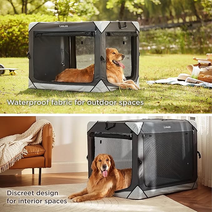 Lesure Collapsible Dog Crate - Portable Travel Kennel for Extra Large Dog, 4-Door Pet Crate with Mesh Windows, Indoor & Outdoor, Charcoal Gray