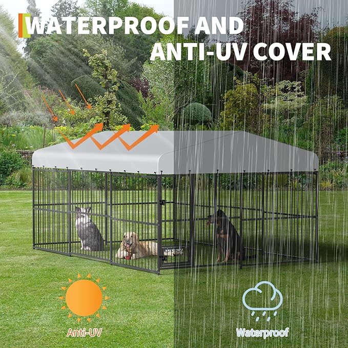 Garvee Dog Kennel Outdoor with Waterproof Canopy, Large Dog House with Feeding Doors, Large Dog Kennel Outdoor for Garden Backyard Courtyard（10×15×7FT）
