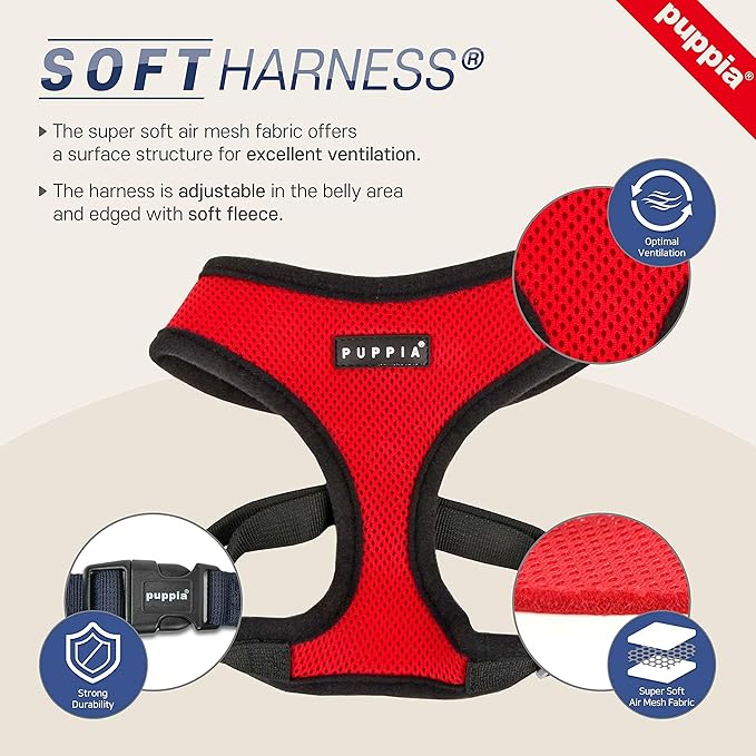 Puppia Soft Dog Harness No Choke Over-The-Head Triple Layered Breathable Mesh Adjustable Chest Belt and Quick-Release Buckle, Orange, XX-Large