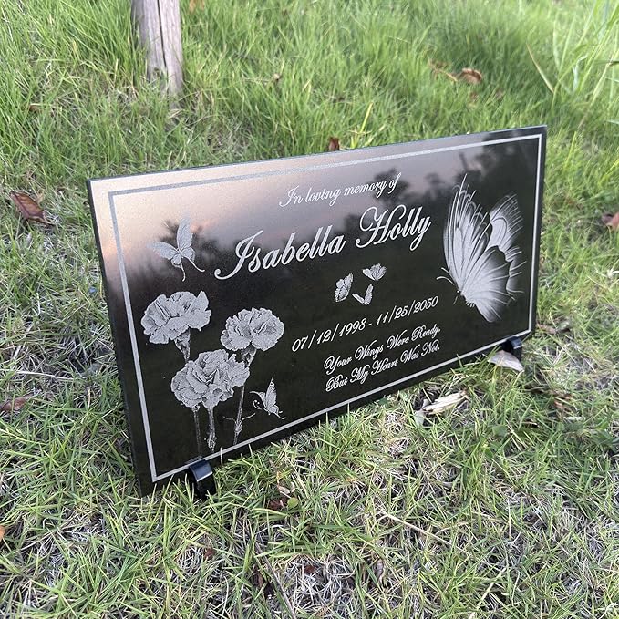 Personalized Memorial Stone, Butterfly Memorial Plaque, Headstone for Graves, Grave Markers for Cemetery for Humens, Tombstone Grave Outdoors, Black Granite Headstone, Grave Decorations for Cemetery