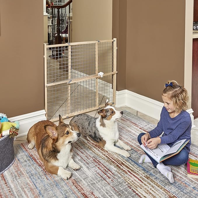 New World Wire Mesh Pet Safety Gate, Dog Gate Expands to 50 Inches Wide, 32 Inches Tall, No Damage to Walls, Natural Wood and Powder Coated Wire