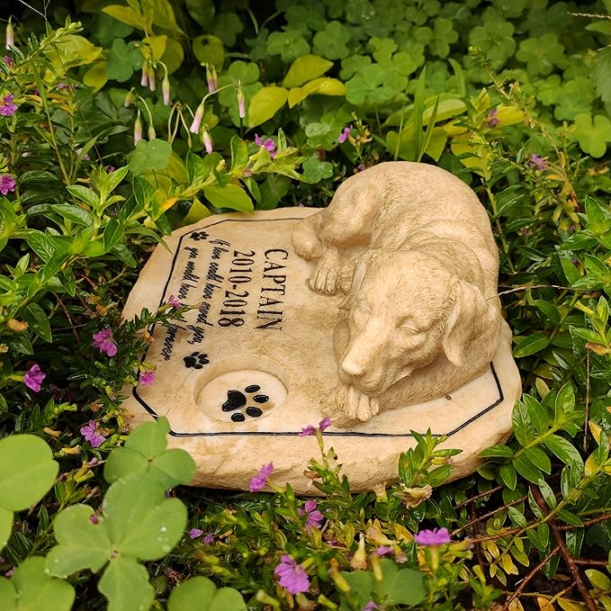 Personalized Dog Memorial Stones with Sleeping Doggie Statue, Custom Grave Stones Tombstone Headstones Engraved with Name for Loss of Dog Sympathy Gifts Outdoors Memorial Remembrance Gifts
