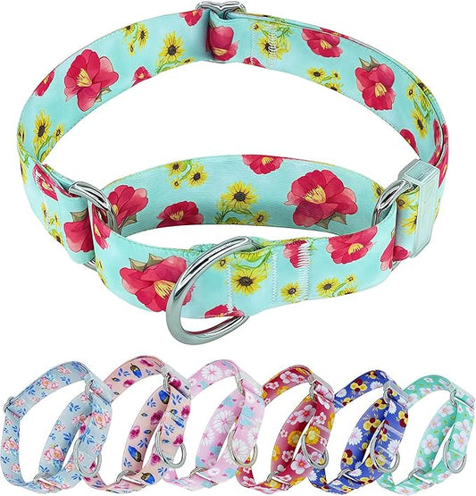 Martingale Dog Collar, Adjustable Soft No Pull Training Collar with No Buckle, Floral Pattern No Slip Martingale Collars for Large Dogs (1" Width L)