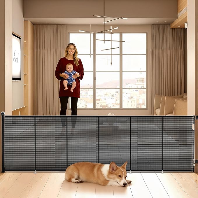 Retractable Baby Gate for Stairs, 48" Tall X 150" Wide Mesh Dog Gate Indoor, Child Gate for Doorways, Hallways, Deck, Indoor Outdoor Pet Baby Safety Essentials for Home, Black