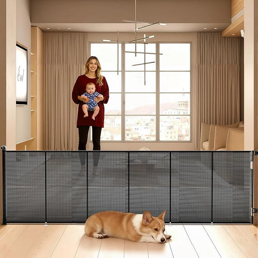 Retractable Baby Gate for Stairs, 48" Tall X 150" Wide Mesh Dog Gate Indoor, Child Gate for Doorways, Hallways, Deck, Indoor Outdoor Pet Baby Safety Essentials for Home, Black