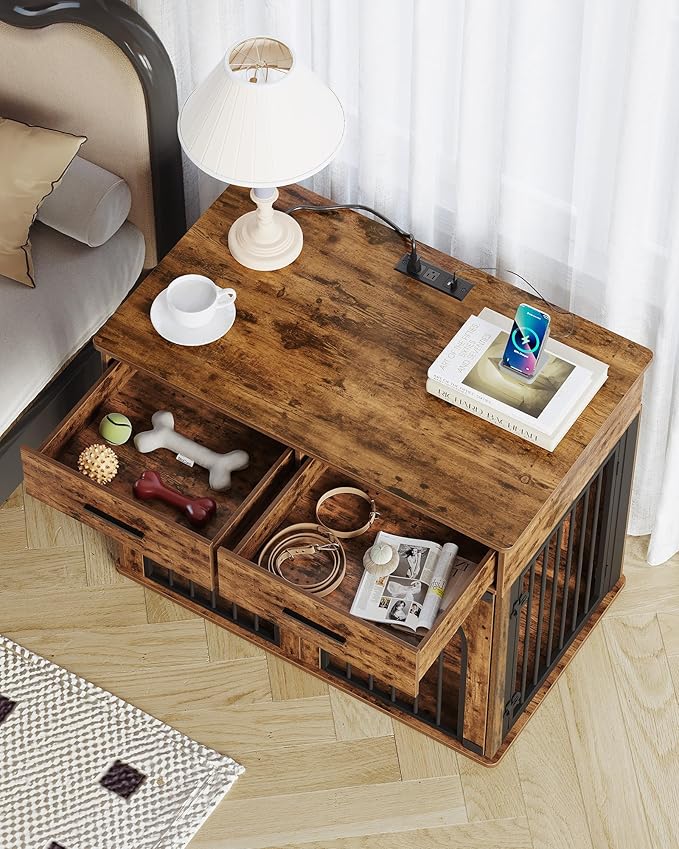 39.4'' Dog Crate Furniture with 2 Drawers, Indoor Dog Kennel with Charging Station, Wooden Dog Cage Side End Table Kennel for Medium/Large Dogs, Rustic Brown DFC84201B