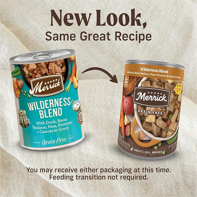 Merrick Grain Free Wet Dog Food, Premium Soft and Wholesome Canned Adult Dog Food, Wilderness Blend Recipe - (Pack of 12) 12.7 oz. Cans