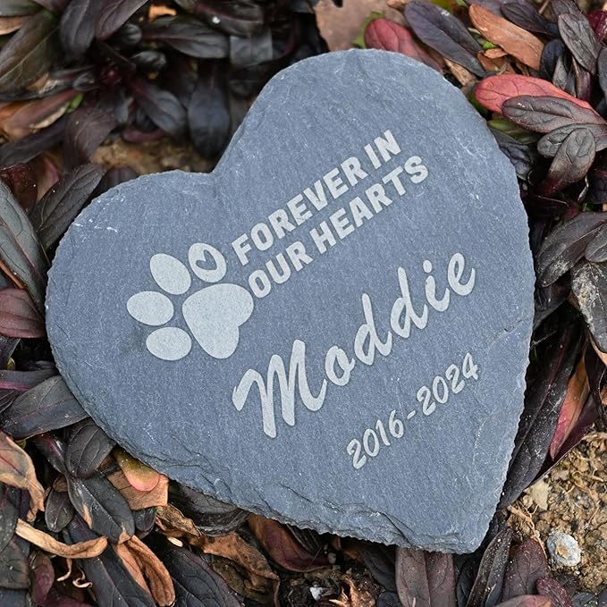 Pet Memorial Stone, 4inch Dog or Cat Garden Stone Heart Paw Print, Forever in Our Hearts Headstone Memory Gifts for Pet Loss