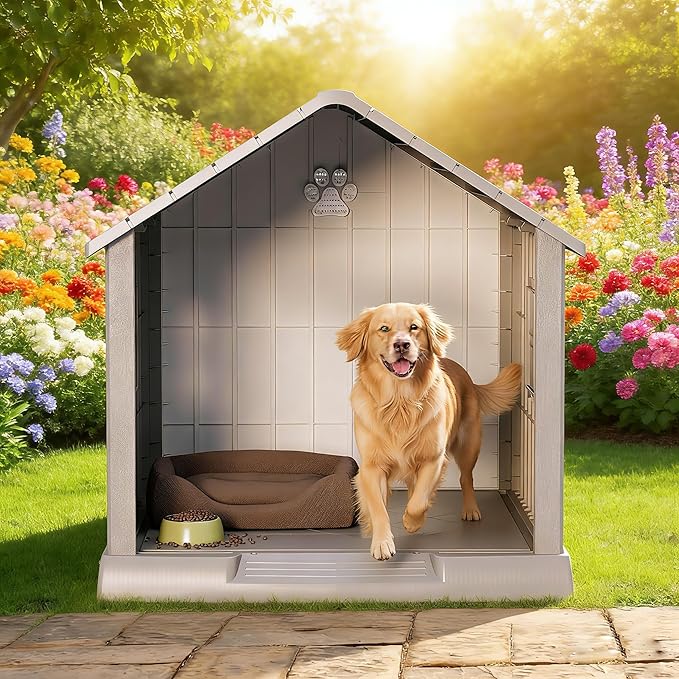 Bifanuo Dog House Outdoor Indoor with Weatherproof, Ventilated and Elevated Floor, Easy Clean Large Dog House Outdoor for Small Medium Large Dogs (Grey, 37.2" L x 40" W x 40" H)