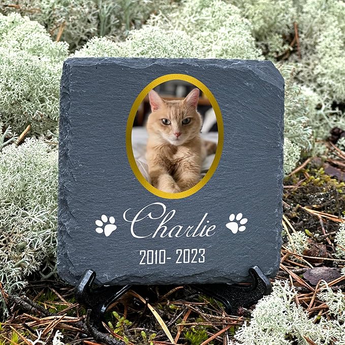 Personalized Individual Square Memorial Plaque + Stand for Pet Cat Dog Slate Stone Frame Paw Grave Marker - Size 3.94" x 3.94" or 100 x 100 mm - Gold Frame Photo