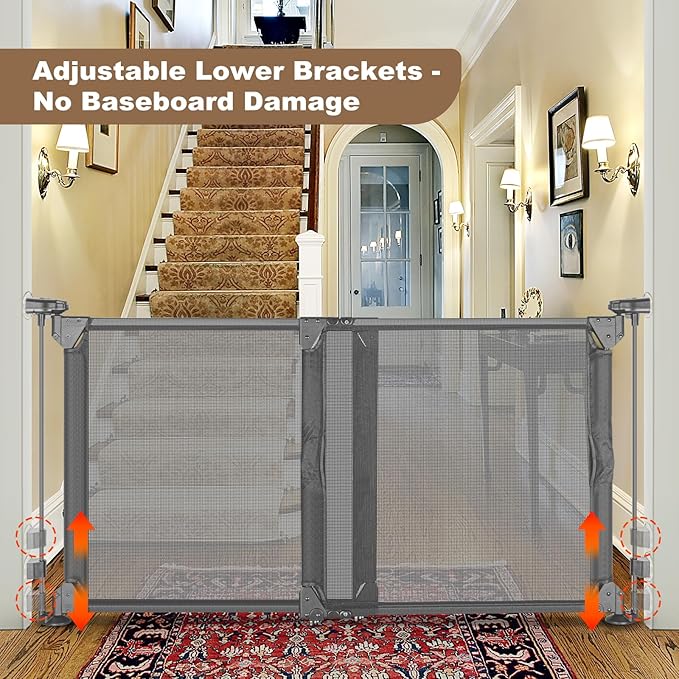 GRENFU 28" Tall No Drill Dog Gate for Stairs, Dual-Opening Sliding Pet Gate, Fits 32-55" Wide Expandable Dog Gates Indoor No Bottom Bar Baby Gate No Drill & Adjustable Width & Angle Mesh Gate, Gray