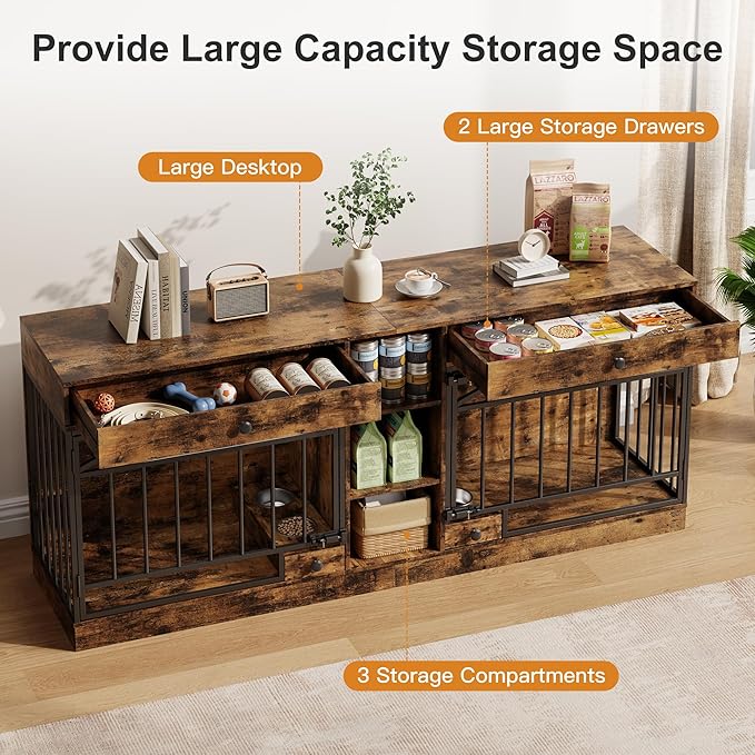 IDEALHOUSE 78.7" Double Dog Crate Furniture with Storage and 2 Doors, Dog Kennel Indoor with Feeding Bowls, Wood Dog Crate TV Stand for Small Medium Dogs, Brown